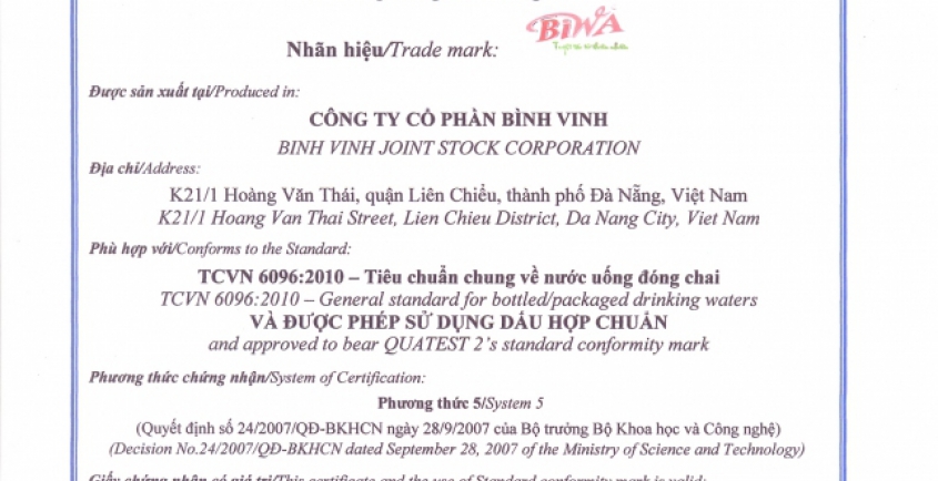 Chứng nhận nước uống đóng chai Biwa