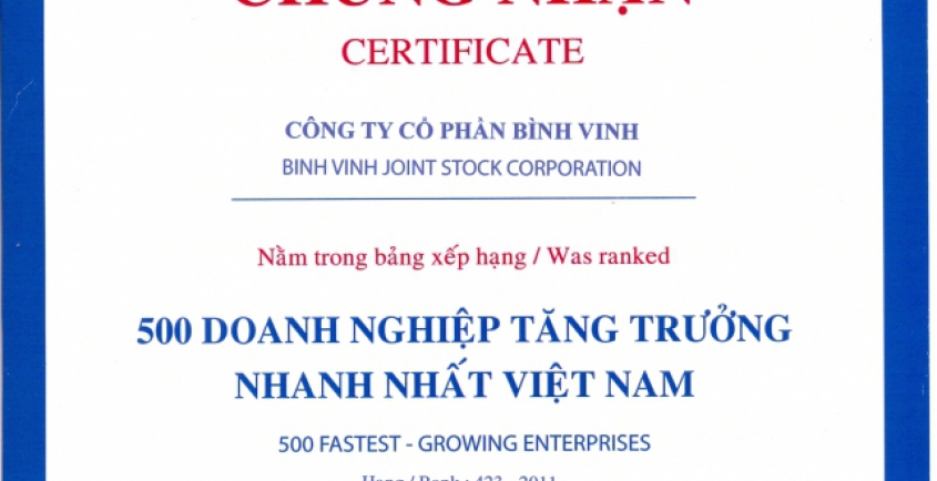 Nằm trong bảng xếp hạng 500 doanh nghiệp tăng trưởng nhanh nhất Việt Nam