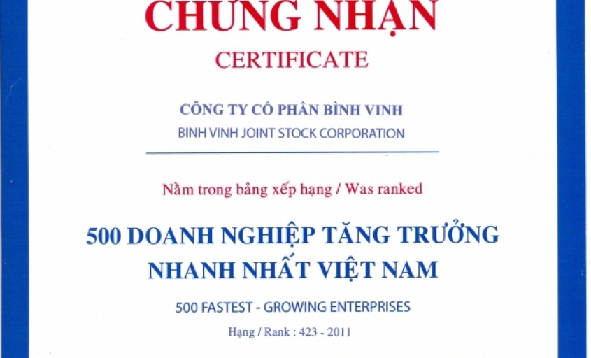 Nằm trong bảng xếp hạng 500 doanh nghiệp tăng trưởng nhanh nhất Việt Nam